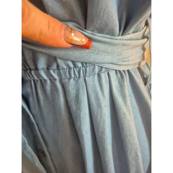 Aaron & Amber Light Blue Sleeveless Button-Up Shirt Dress With Belt - Size Small - Picture 4 of 6